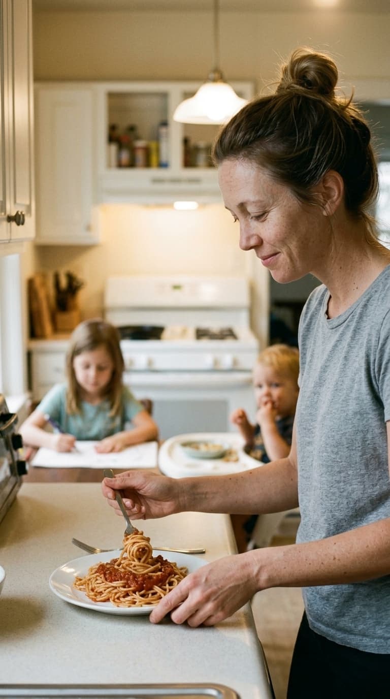 A solo mom in a warm, lit kitchen at dinnertime — year three.