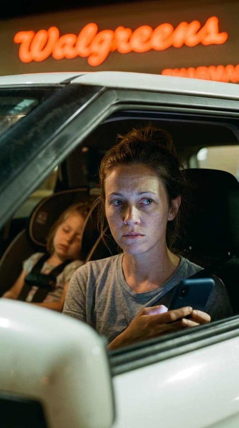 3 a.m. pharmacy drive-through — jaw locked, phone glow.