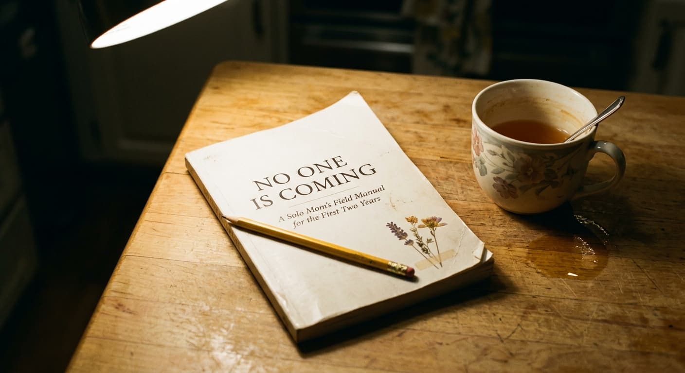 A slim paperback copy of 'No One Is Coming' resting on a worn kitchen table at night.