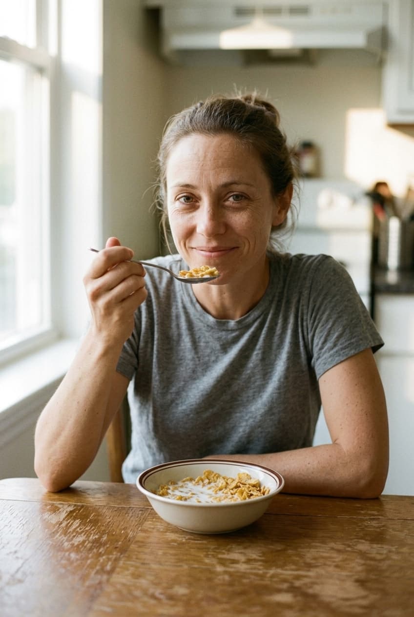 A solo mom at peace with a simple cereal dinner.