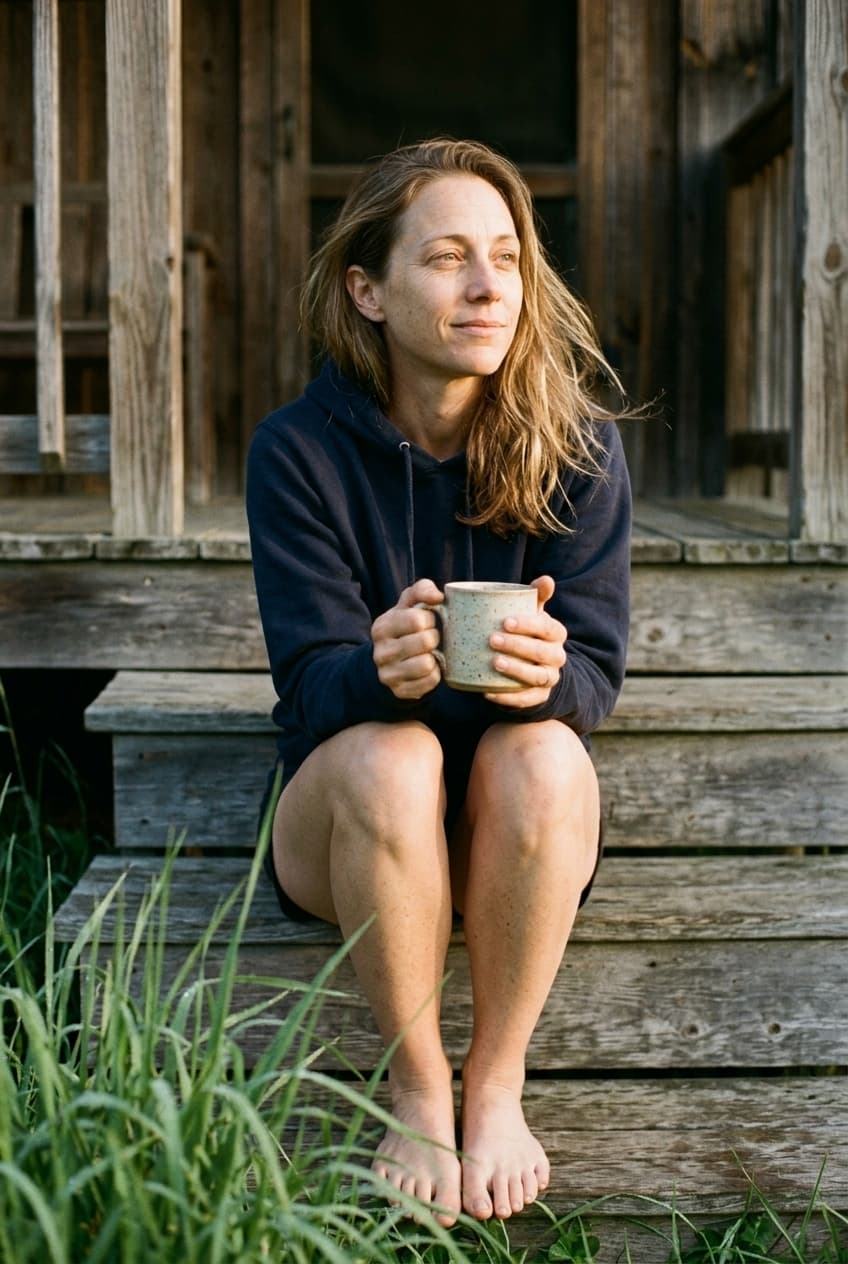 Year three — a woman alone on her porch at dawn, by choice.
